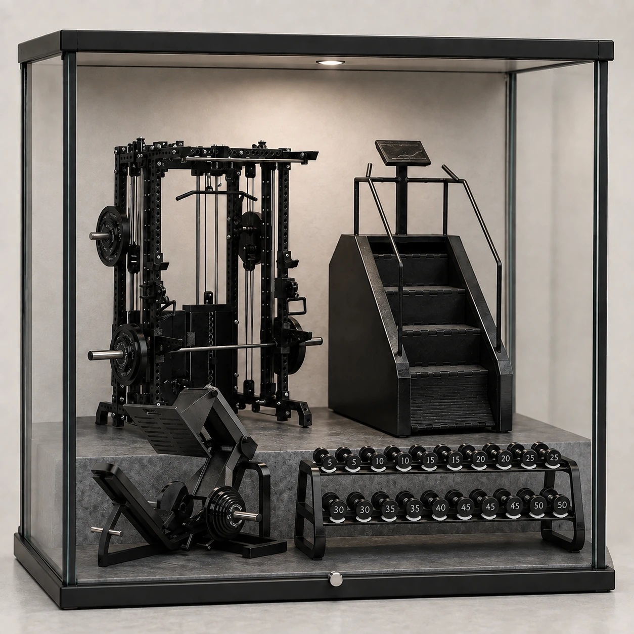 MINIGYM display featuring the ALL IN ONE rack, Stair Climber, Leg Press and Dumbbell Set & Rack