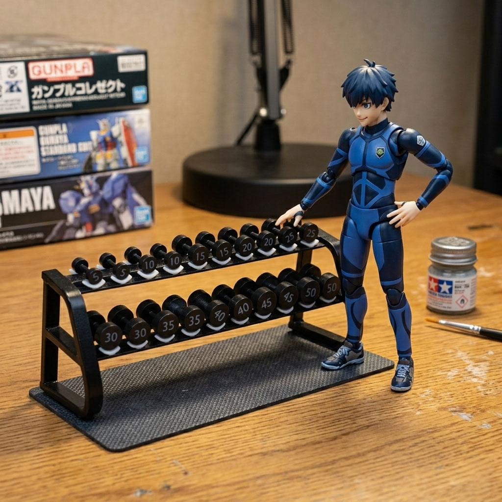 MiniGym 1:12 Scale Miniature Dumbbell Rack with Numbered Weights - Free Weight Set Model with Action Figure