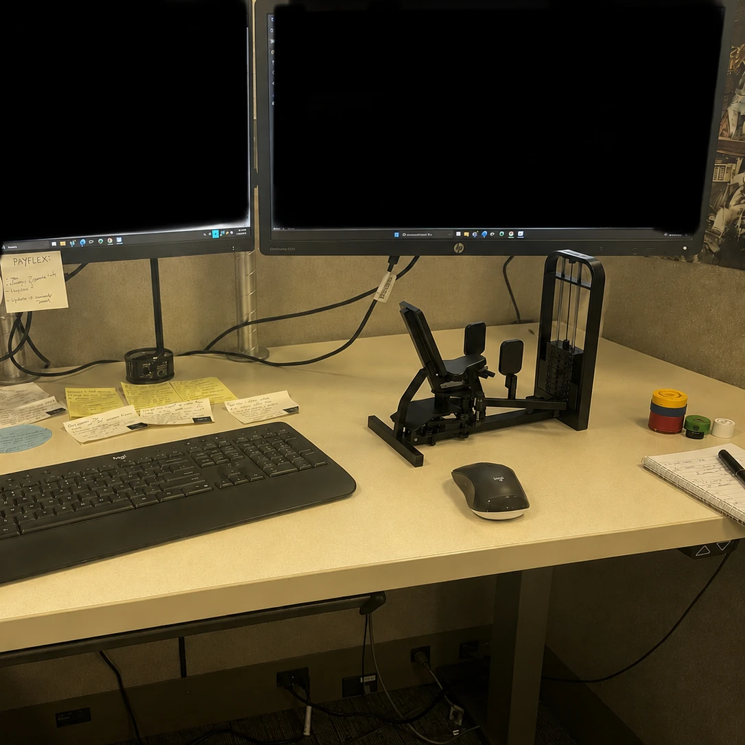 Customer miniature leg press and lat pulldown displayed beside a keyboard and computer monitors