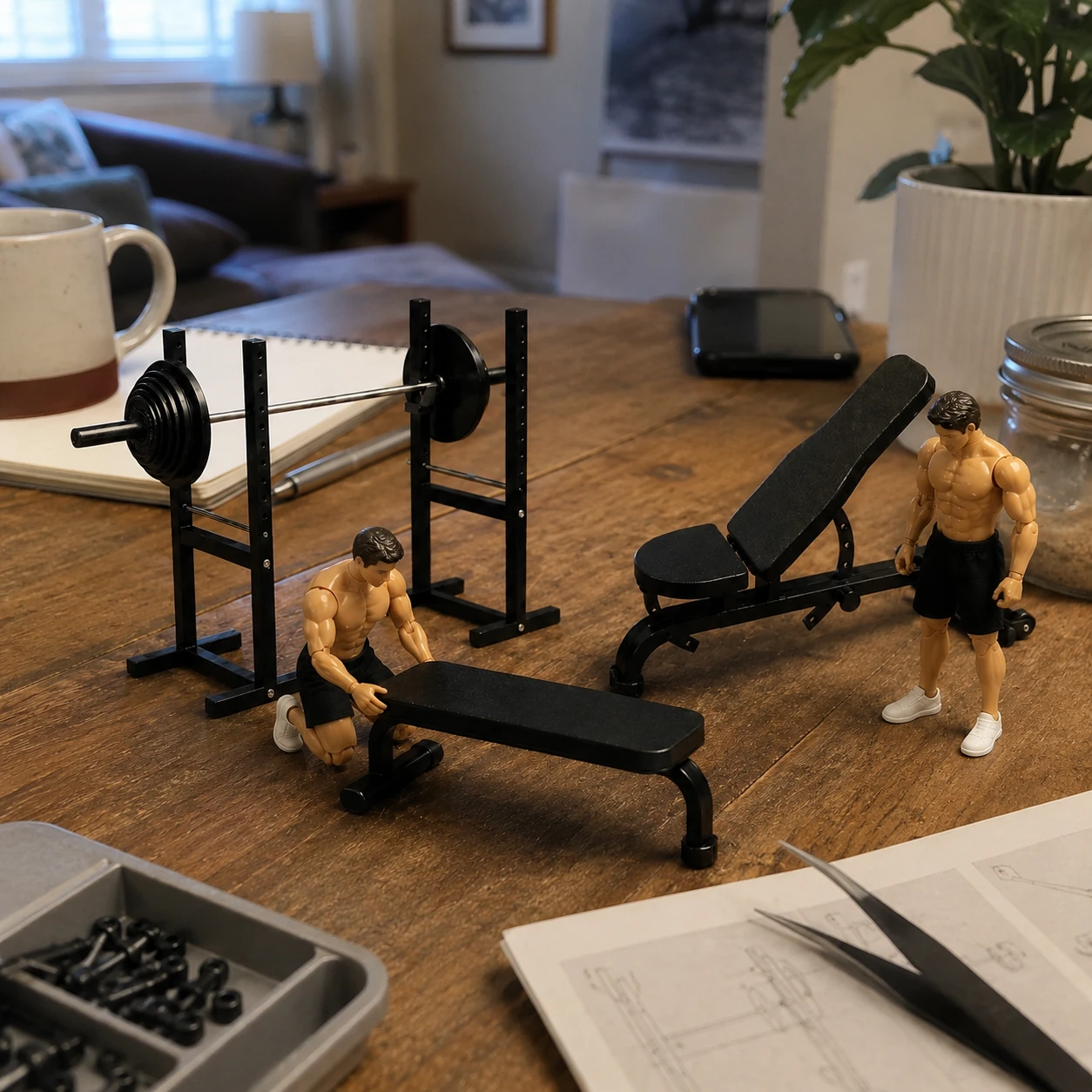 Customer desk gym with two action figures, a squat stand and miniature benches